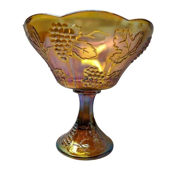 Indiana Glass Iridescent Marigold Scalloped Edge Compote Carnival Glass Circa 19 - Picture 7 of 9